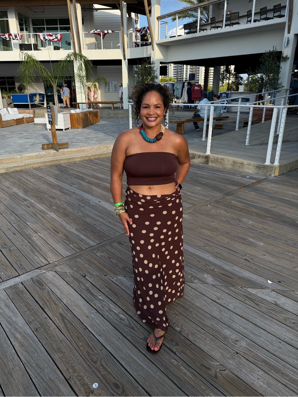 Brown Polka Dot Cutout Waist Bandeau Maxi Dress
